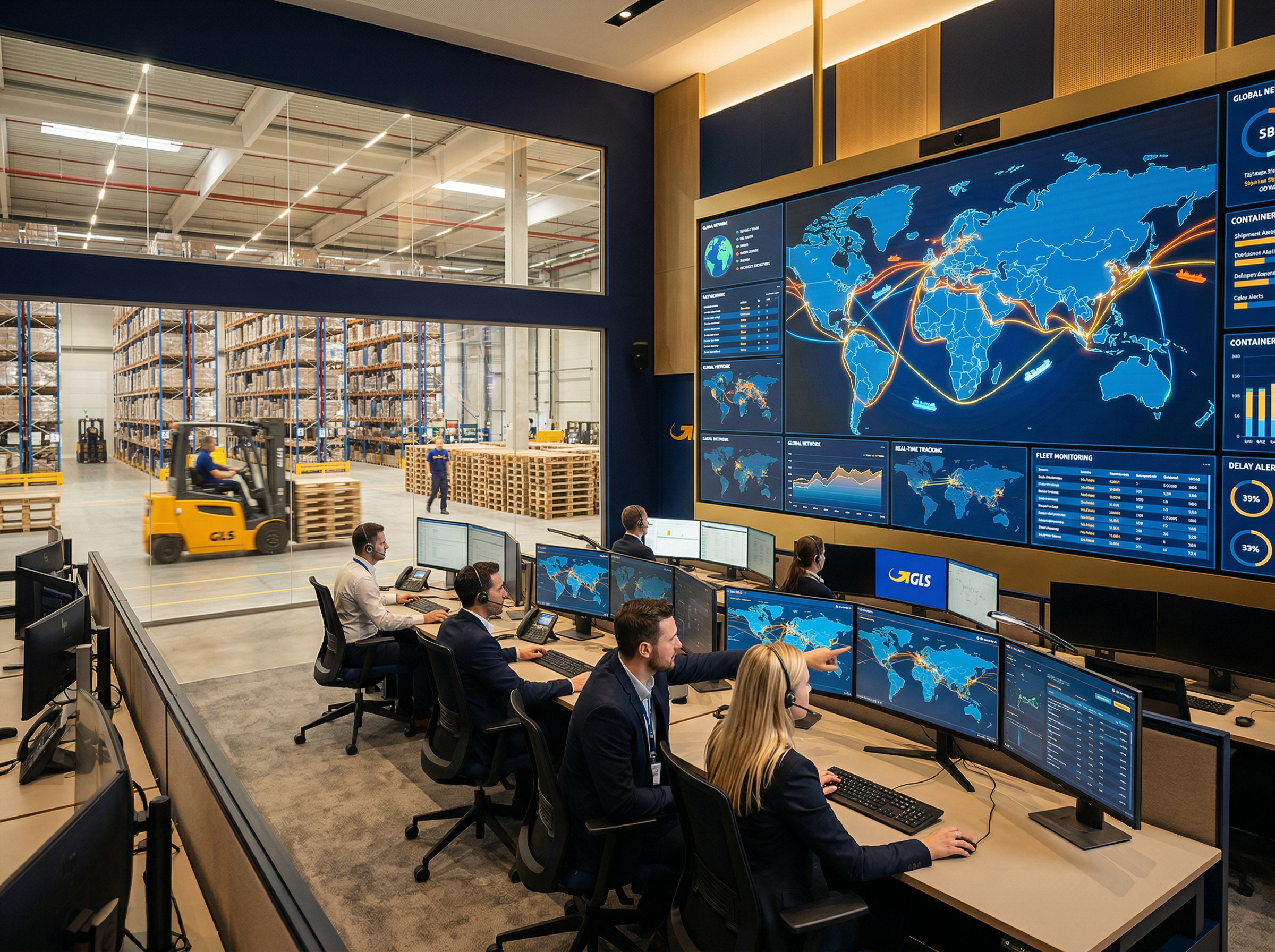 Modern logistics operations center with professionals monitoring global shipping routes on large displays
