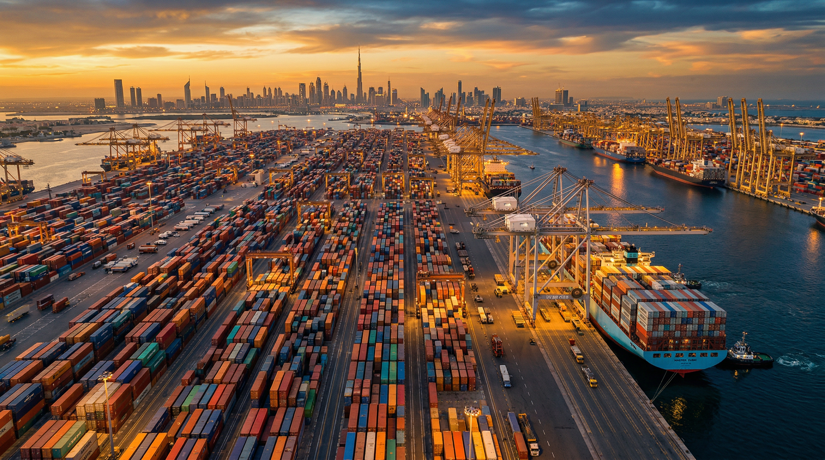 Aerial view of Dubai's container port at golden sunset with thousands of colorful shipping containers